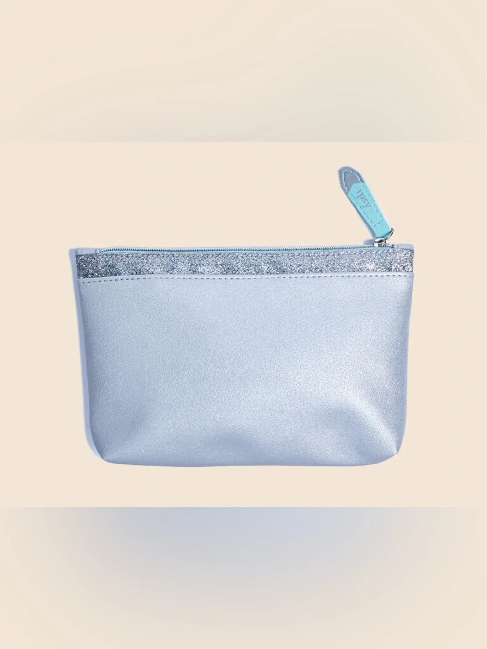 Ipsy Silver Metallic Cosmetic Bag Glitter Trim Mint Zipper Makeup Pouch Travel
